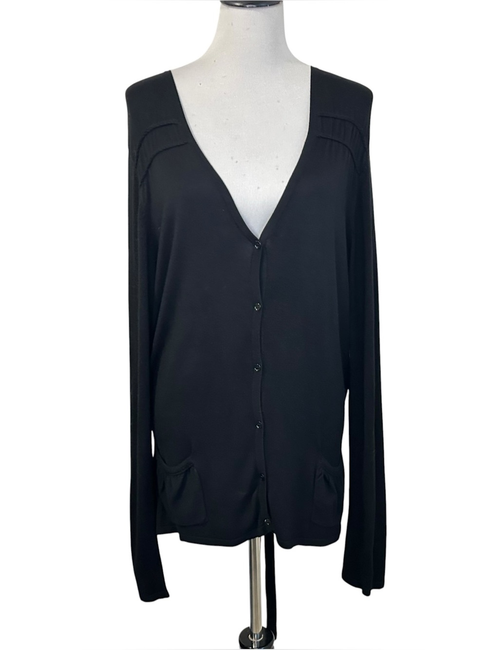NAF NAF Womens button up belted cardigan sweater Sz XL Black Long Sleeve